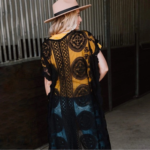 544. Black Maxi Kimono Duster Black Sexy Bohemian Lace Open Front coverup - Picture 2 of 3